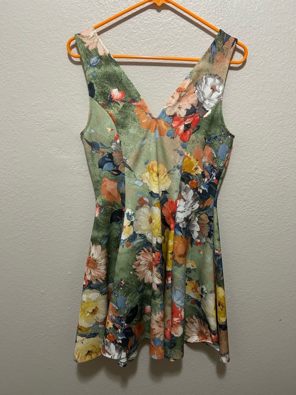 Black Bead Floral V-Neck Mini Dress in Green and Multi